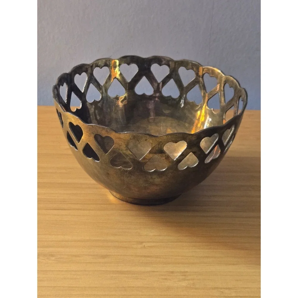 Vintage Brass Bowl with Heart Cutouts 3